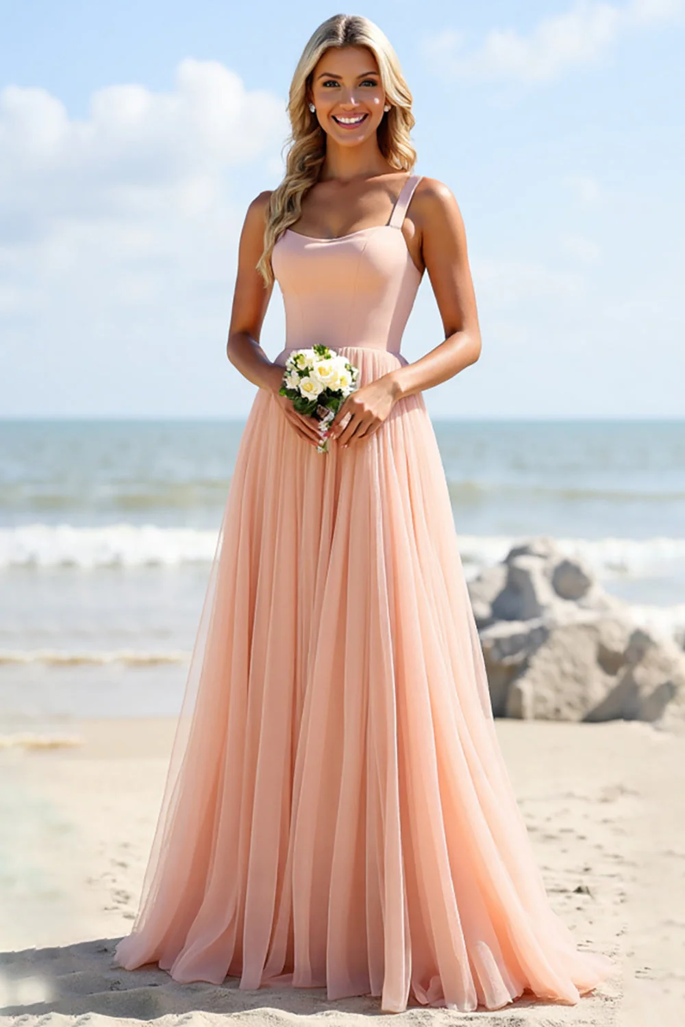 Blush Tulle A Line Square Neck Long Bridesmaid Dress - JUORTHO