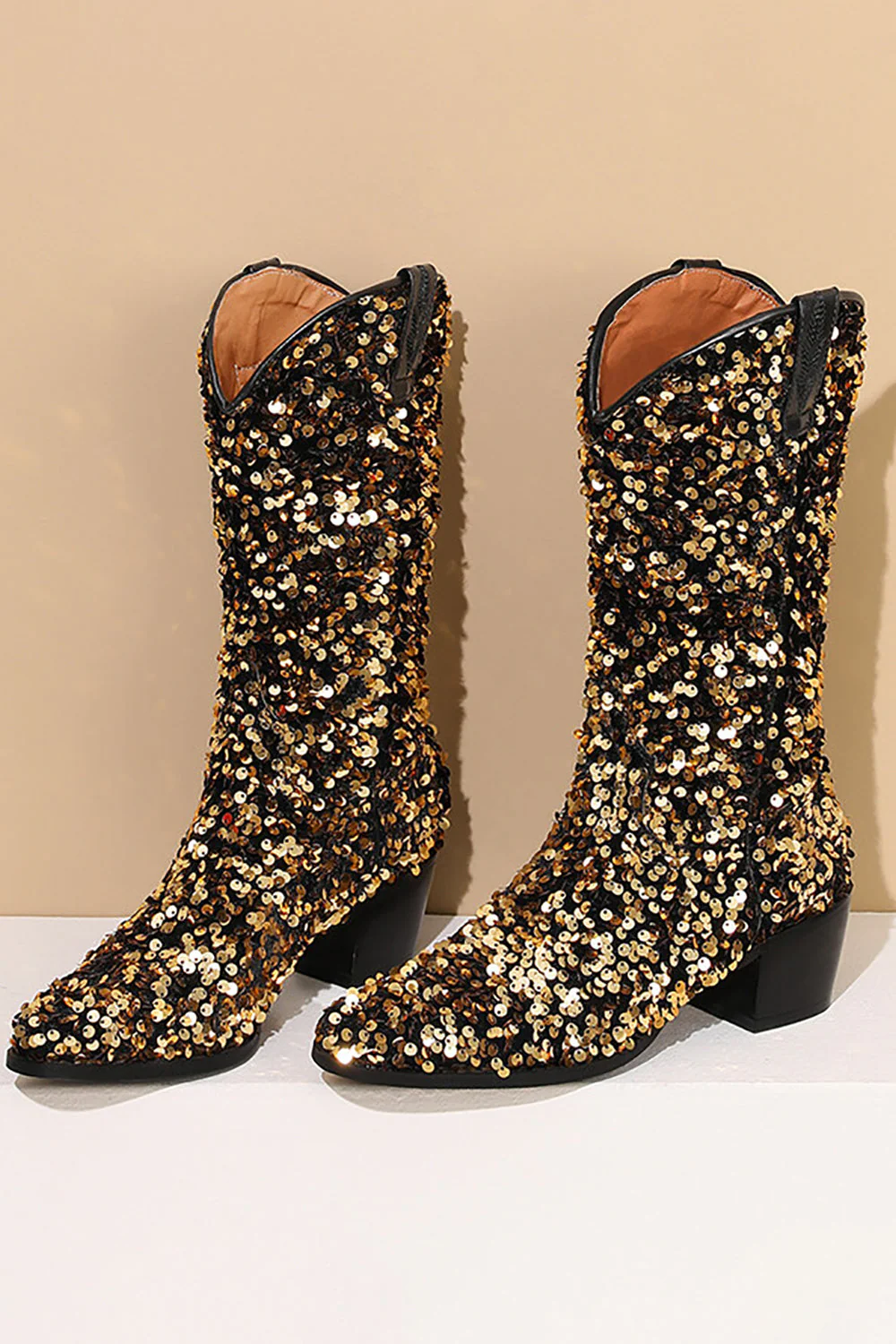 Glitter Black Mid Calf Sequins Snip Toe Chunky Heeled Boots - JUORTHO