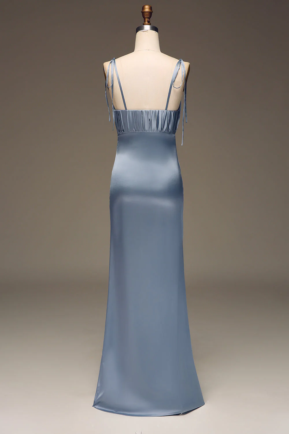 Dusty Blue Spaghetti Straps Sheath Satin Pleated Bridesmaid Dress - JUORTHO