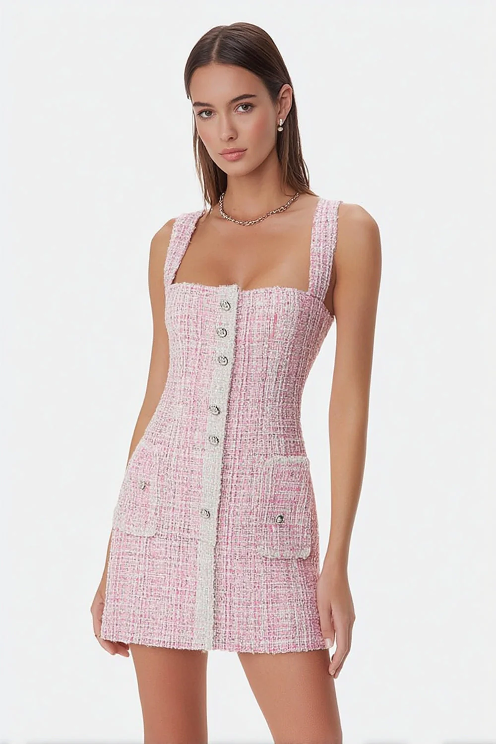 Pink Tight Square Neck Tweed Short Homecoming Dress with Buttons - JUORTHO