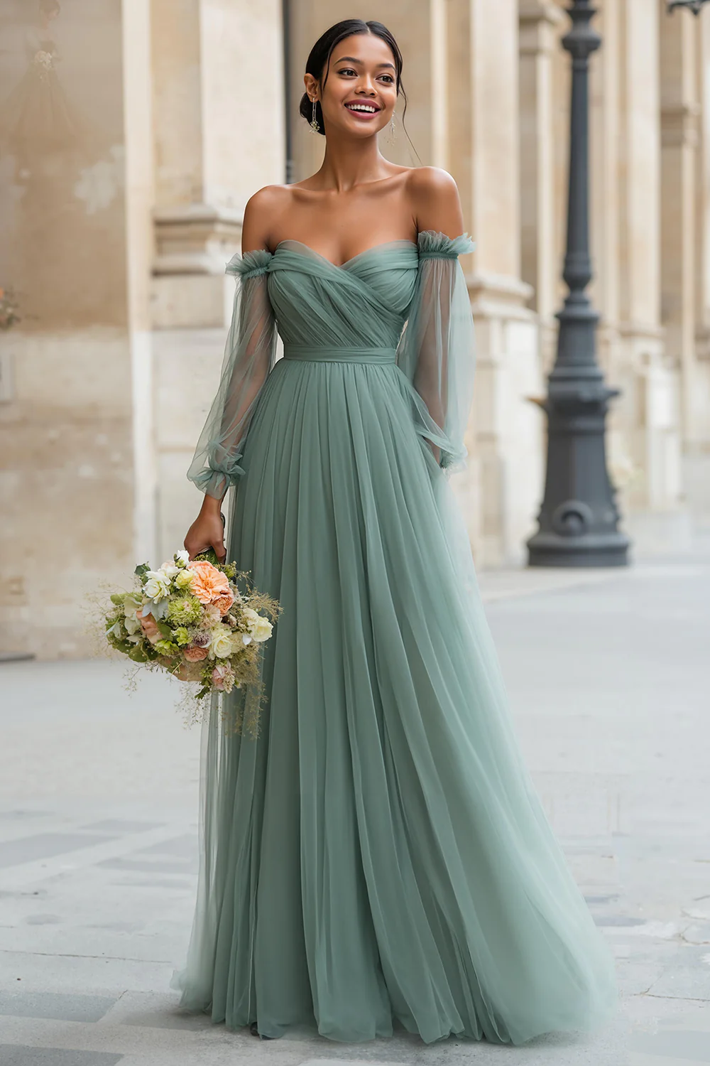 Eucalyptus Off the Shoulder Tulle A-Line Long Bridesmaid Dress with Sleeves - JUORTHO