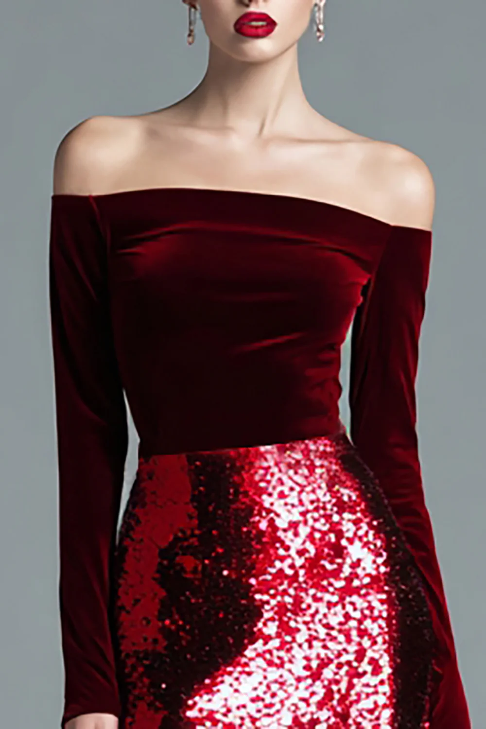 Sparkly Burgundy Velvet Long Off the Shoulder Holiday Party Dress with Sleeves - JUORTHO