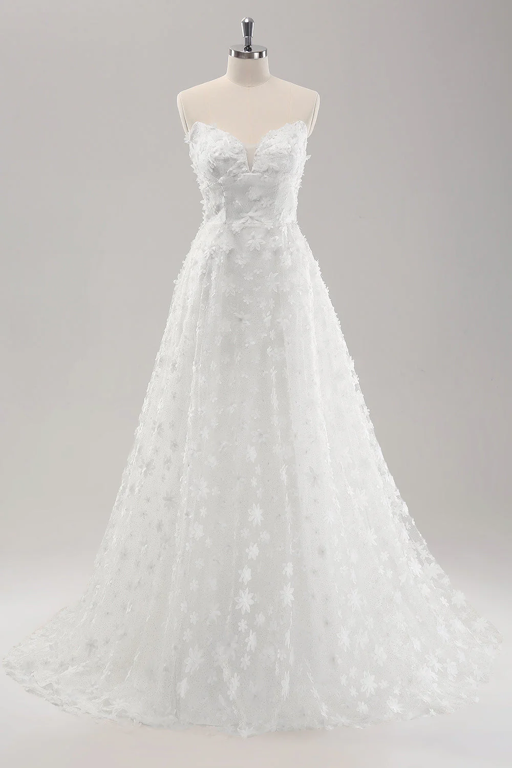 White A Line Sweetheart Applique Lace Wedding Dress with Detachable Sleeves - JUORTHO