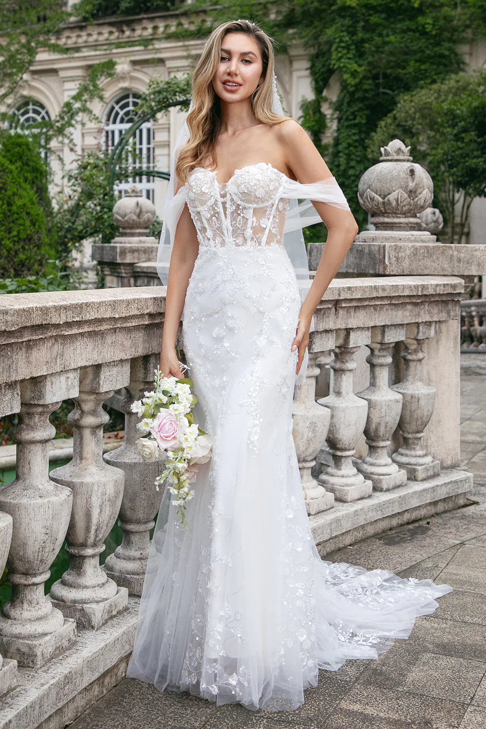 Sparkly White Off the Shoulder Corset Mermaid Tulle Wedding Dress with Sequins - JUORTHO