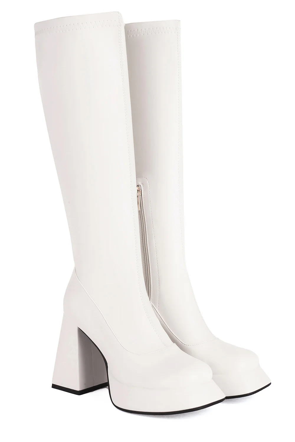 White Go Go Knee High Square Toe Chunky Platform Heel Boots - JUORTHO