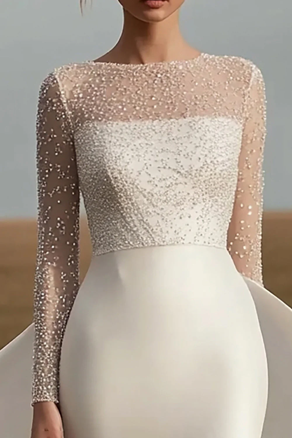 Ivory Satin Long Sleeves Sheath Wedding Dress with Beading - JUORTHO