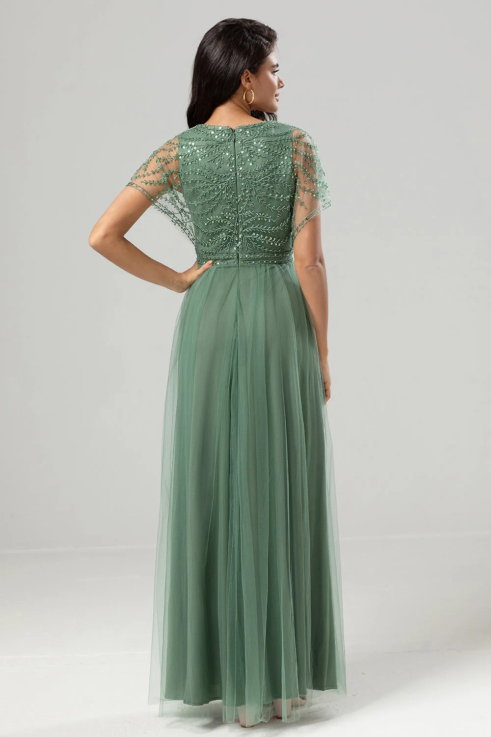 Epitome of Romance A-Line V Neck Eucalyptus Long Bridesmaid Dress with Beading - JUORTHO