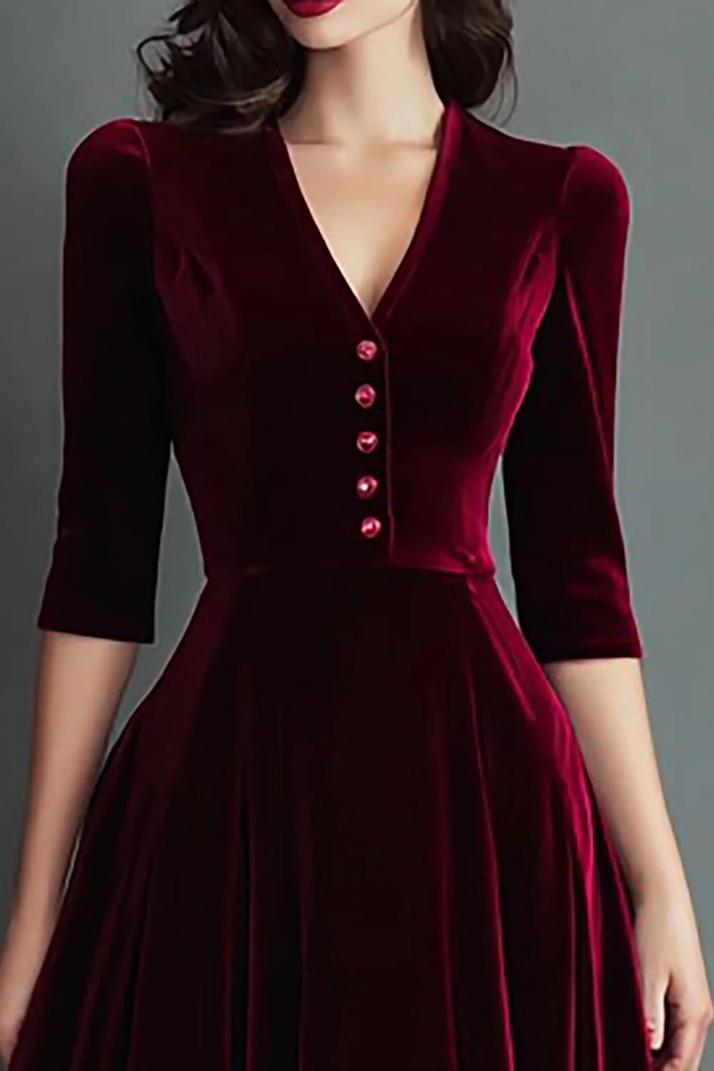 Burgundy V-Neck A Line Midi Velvet Holiday Party Dress - JUORTHO