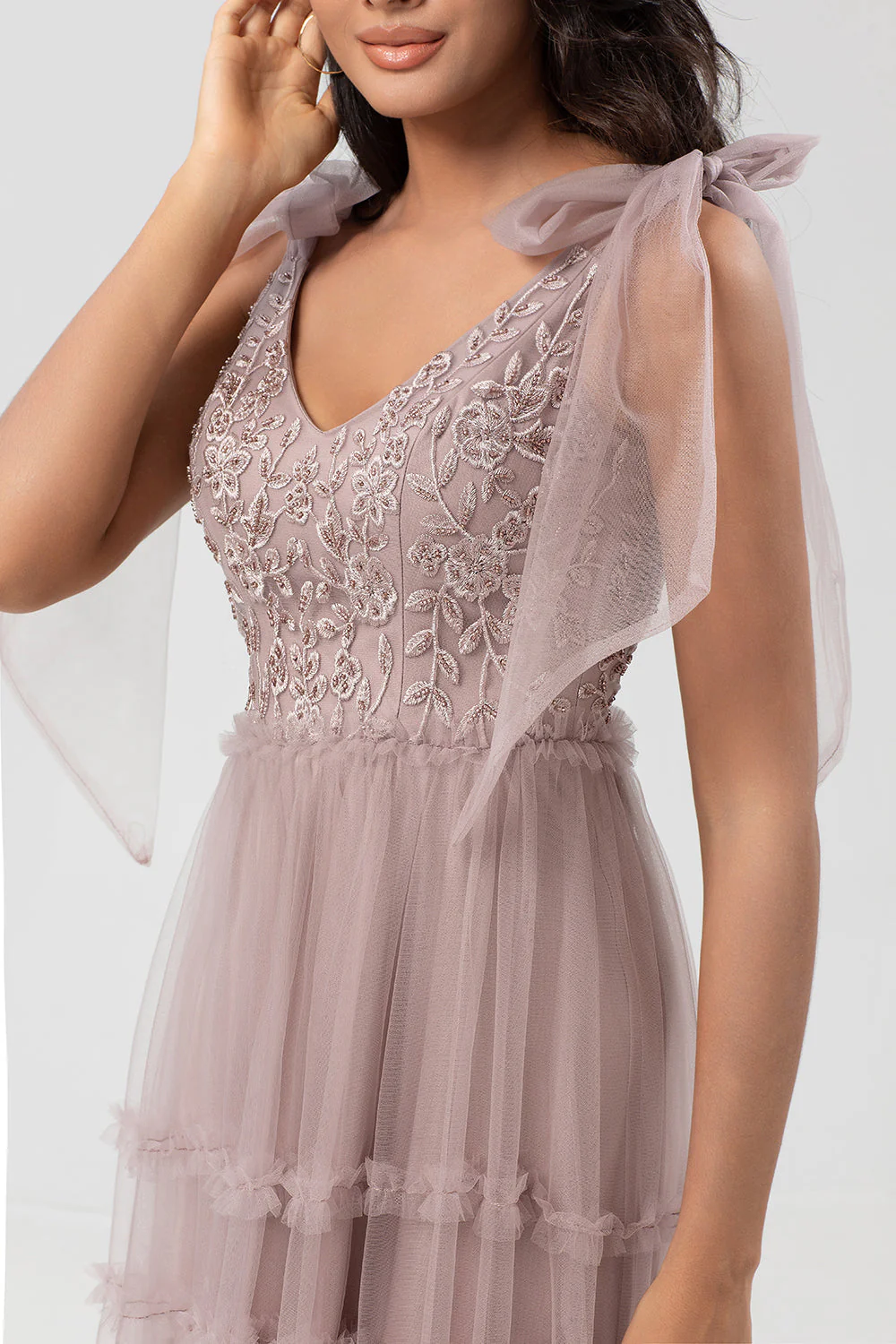 Keeper of My Heart A-Line V Neck Dusty Pink Long Bridesmaid Dress with Beading - JUORTHO
