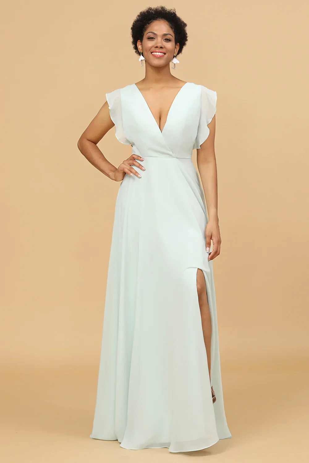 Mint Chiffon V-Neck A-Line Bridesmaid Dress - JUORTHO