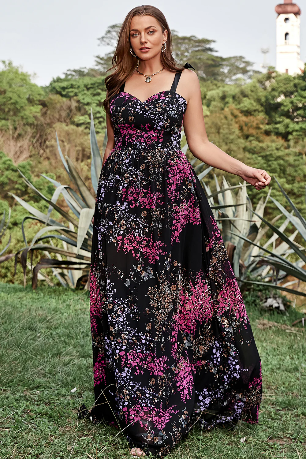 A Line Plus Size Black Mixed Flower Prom Dress - JUORTHO