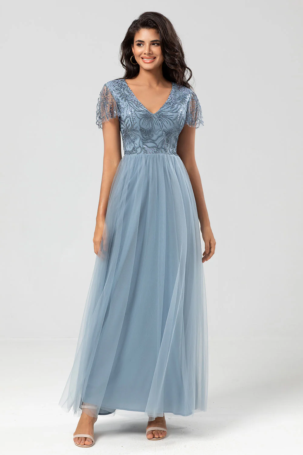 Confidently Charismatic A Line V Neck Dusty Blue Long Bridesmaid Dress with Beading - JUORTHO