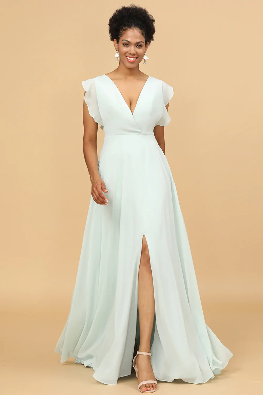 Mint Chiffon V-Neck A-Line Bridesmaid Dress - JUORTHO