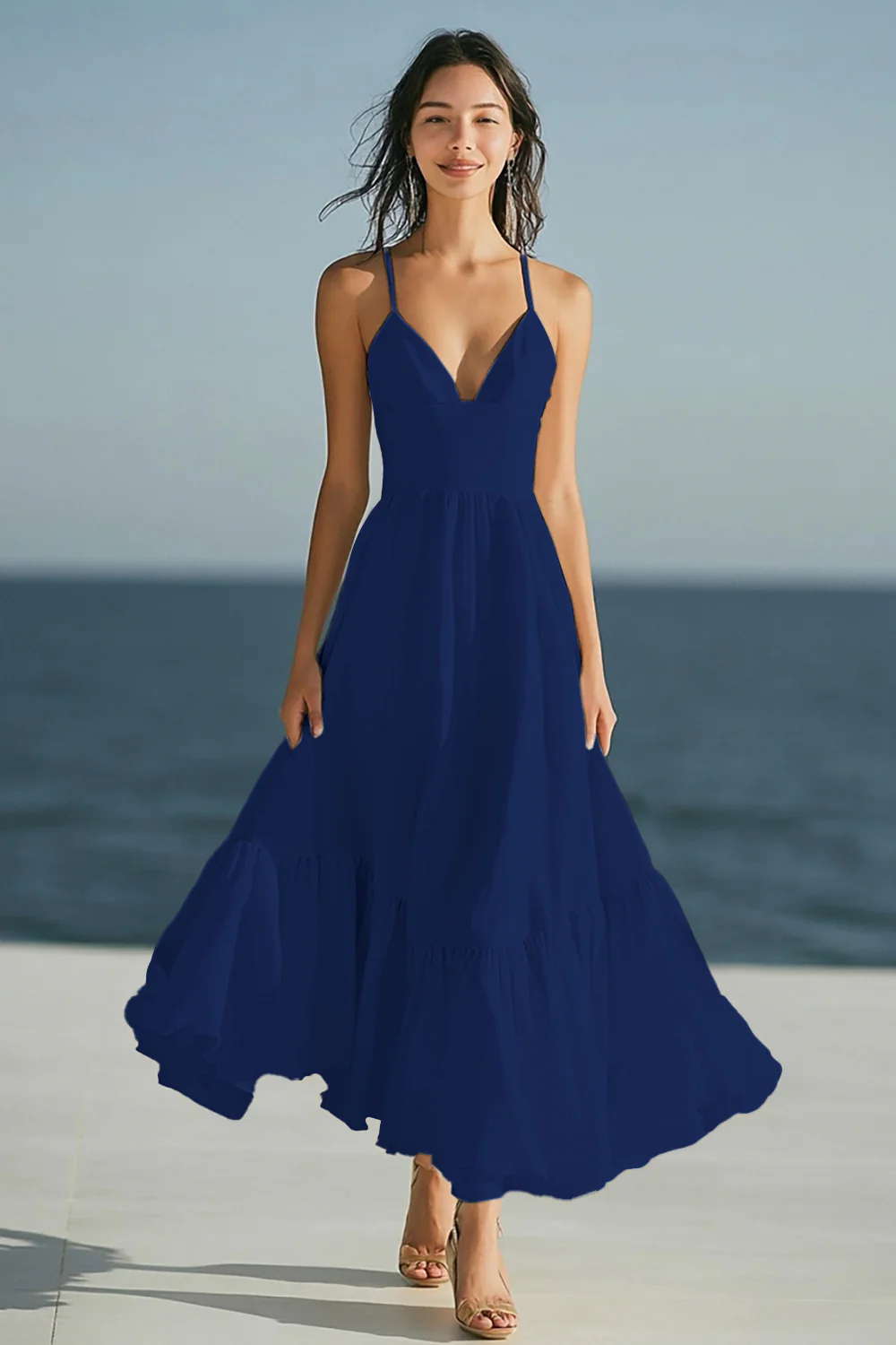 Simple Ivory Spaghetti Straps Beach Maxi Engagement Dress - JUORTHO