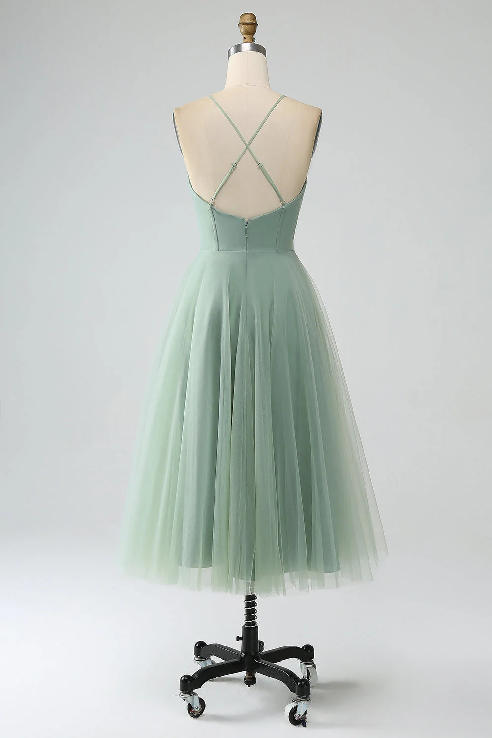 Matcha A-Line Spaghetti Straps Tea-Length Corset Tulle Bridesmaid Dress - JUORTHO
