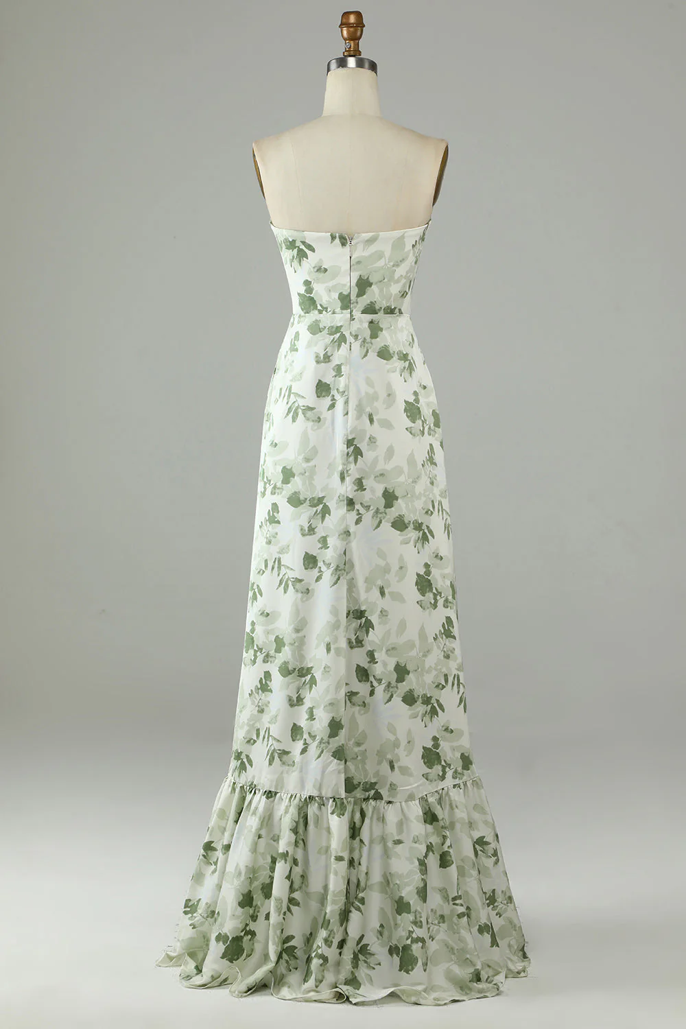 Asymmetrical Strapless Printed Green Long Bridesmaid Dress - JUORTHO