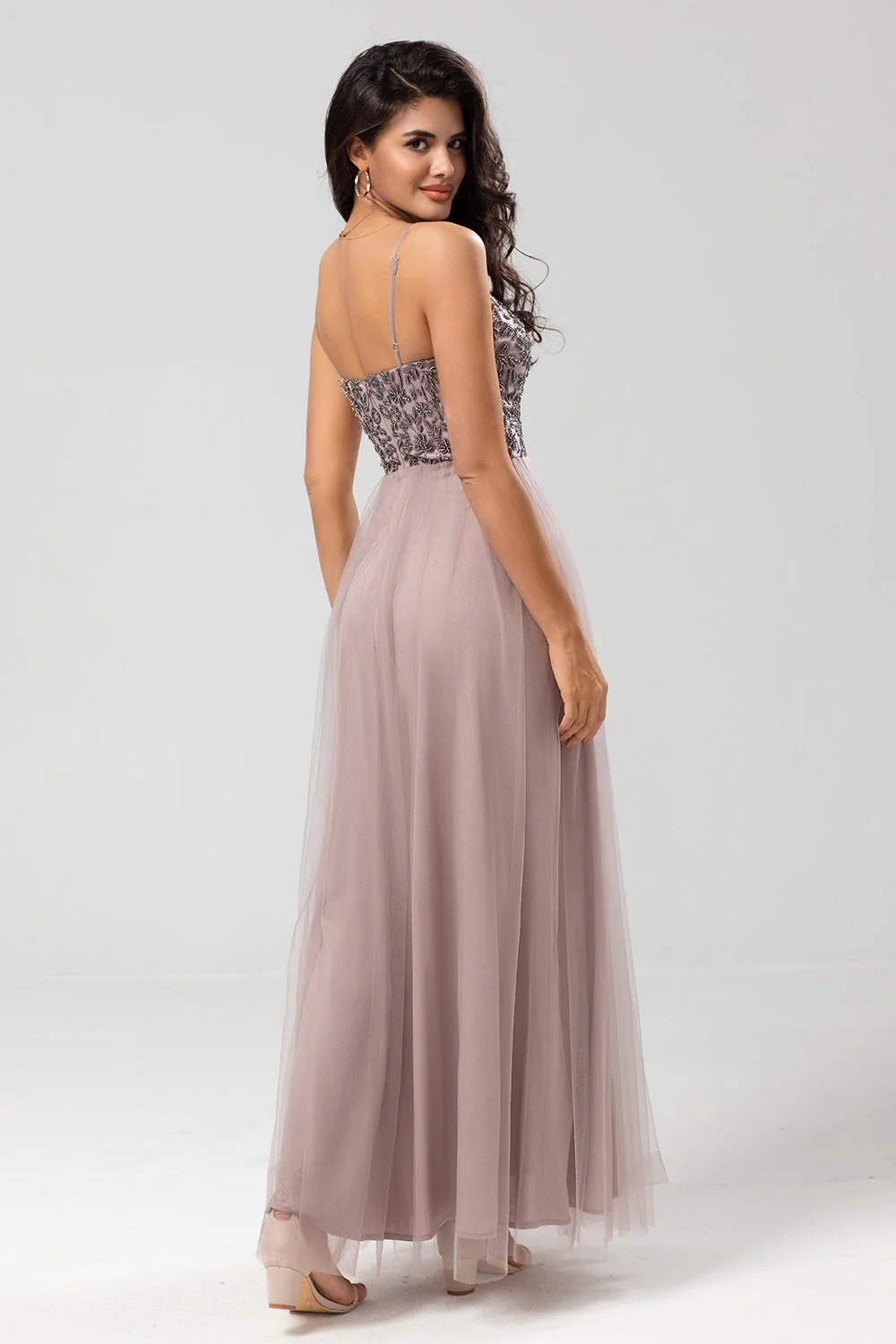 Chic Romantic A Line Spaghetti Straps Dusty Blue Long Bridesmaid Dress with Beading - JUORTHO