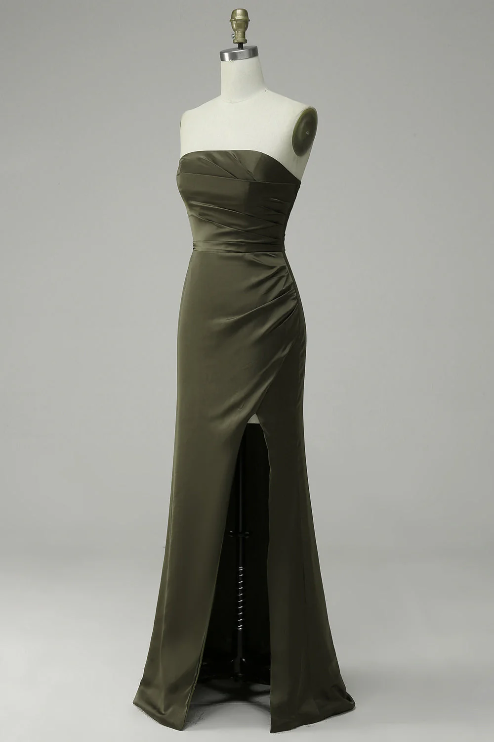 Green Strapless Satin Prom Dress with Slit - JUORTHO