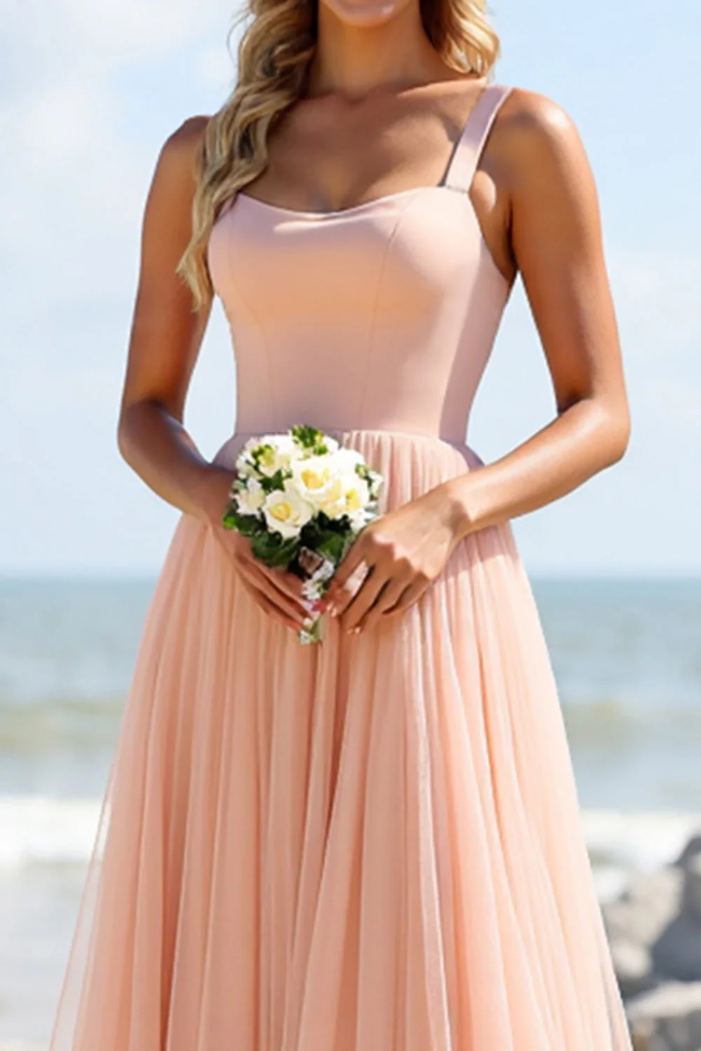 Blush Tulle A Line Square Neck Long Bridesmaid Dress - JUORTHO
