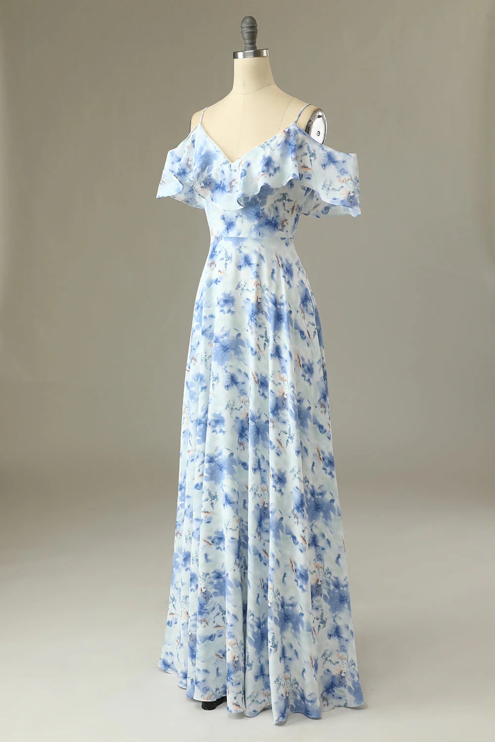 A Line Off the Shoulder Blue Floral Print Long Bridesmaid Dress - JUORTHO