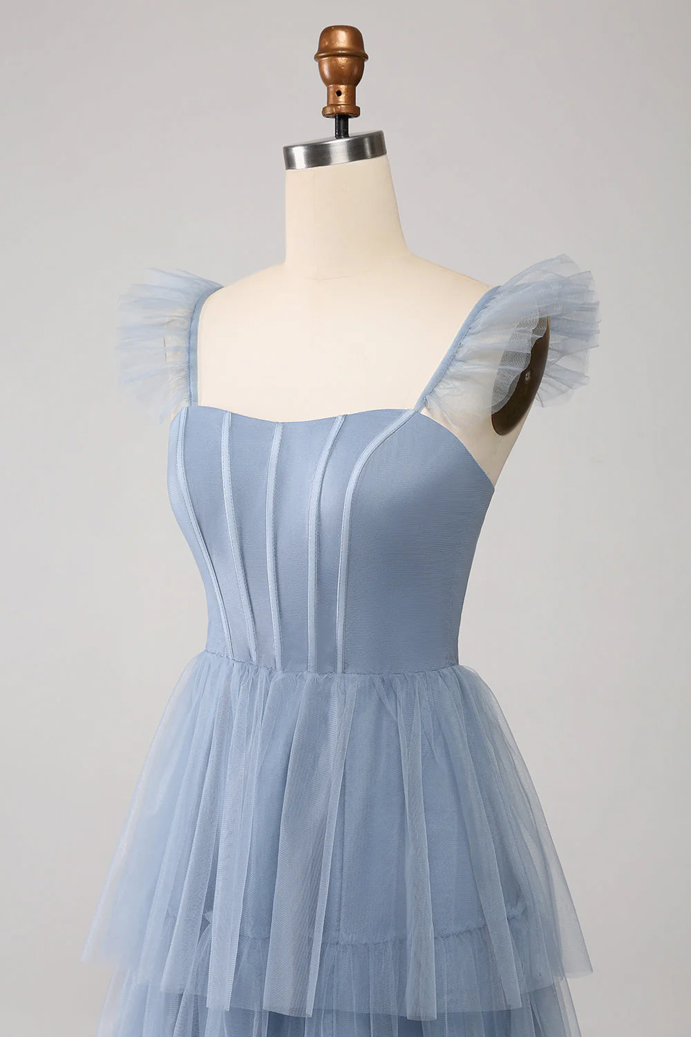 Dusty Blue A Line Tiered Tulle Corset Bridesmaid Dress with Slit - JUORTHO