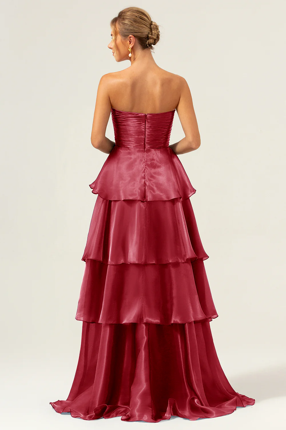 Dark Navy A Line Strapless Tiered Satin Long Bridesmaid Dress - JUORTHO