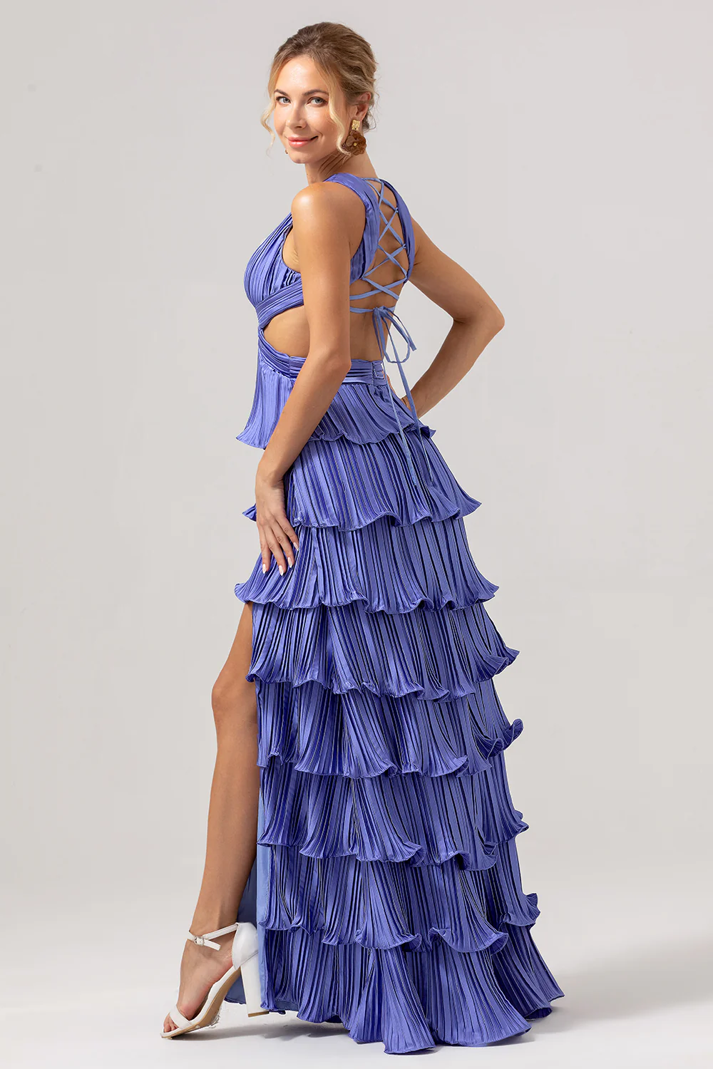 Purple V-Neck Ruffled Long Bridesmaid Dress With Slit - JUORTHO