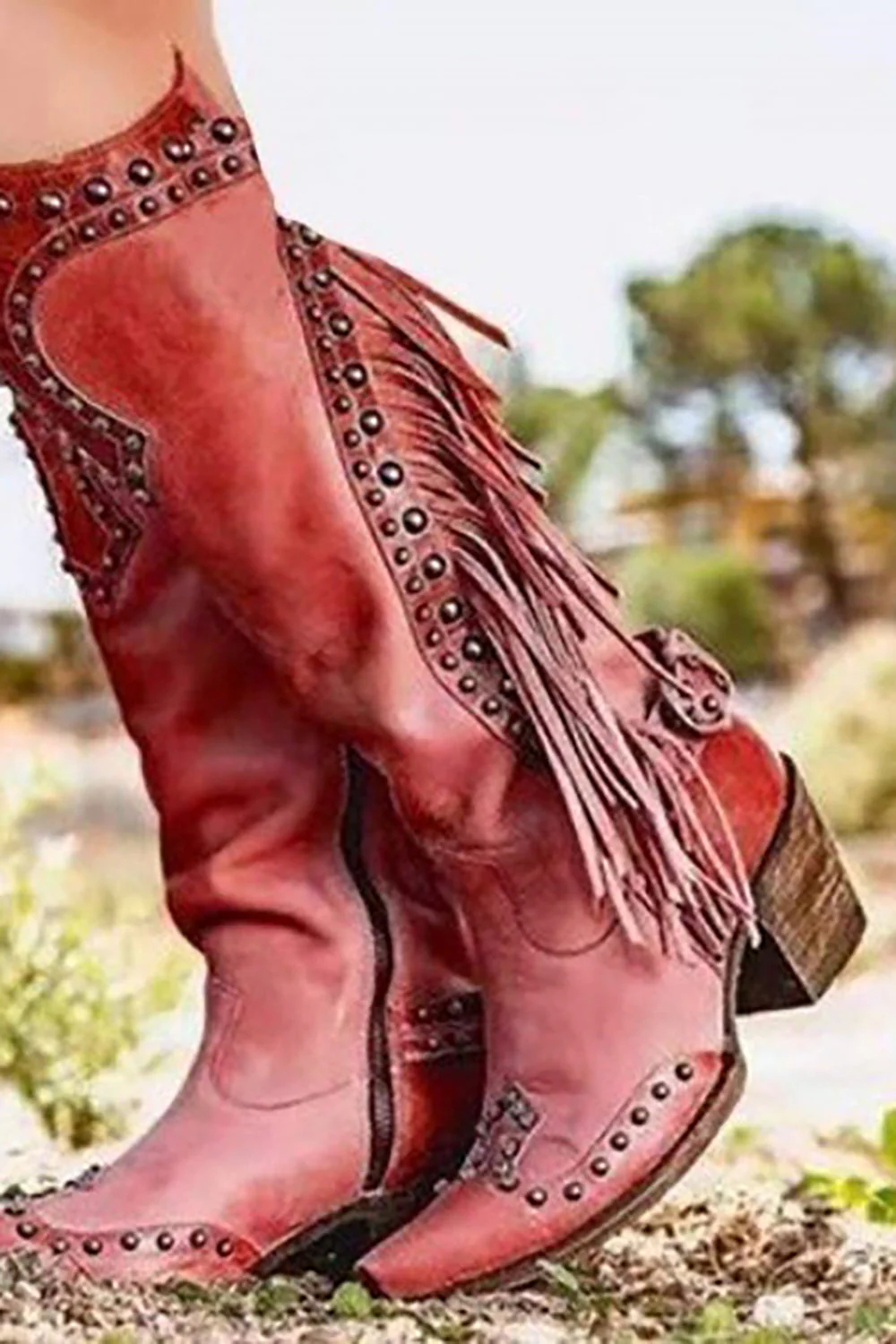 Dark Red Fringed Mid-Calf Boots - JUORTHO
