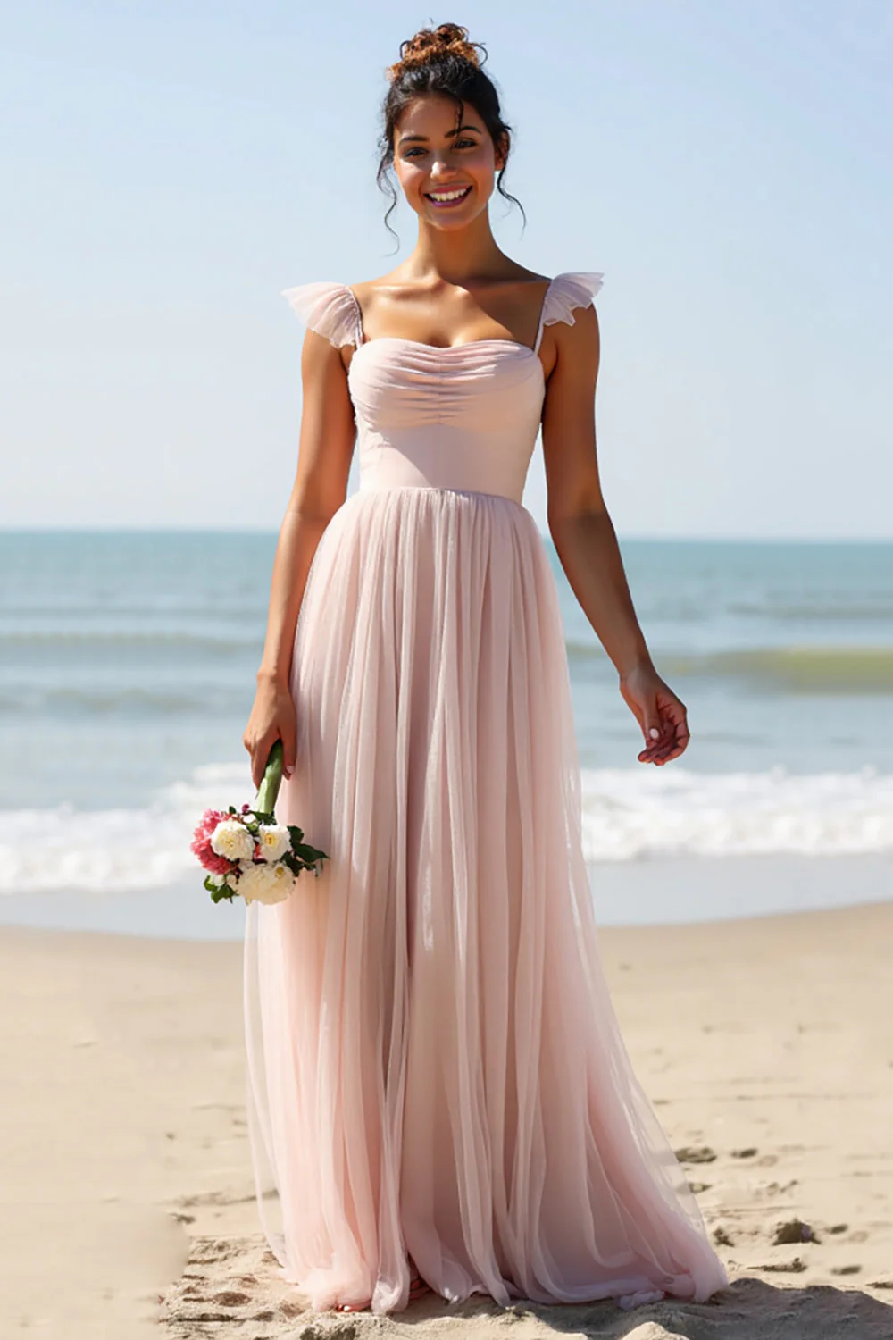 Candy Pink A Line Long Pleated Bridesmaid Dress with Slit - JUORTHO