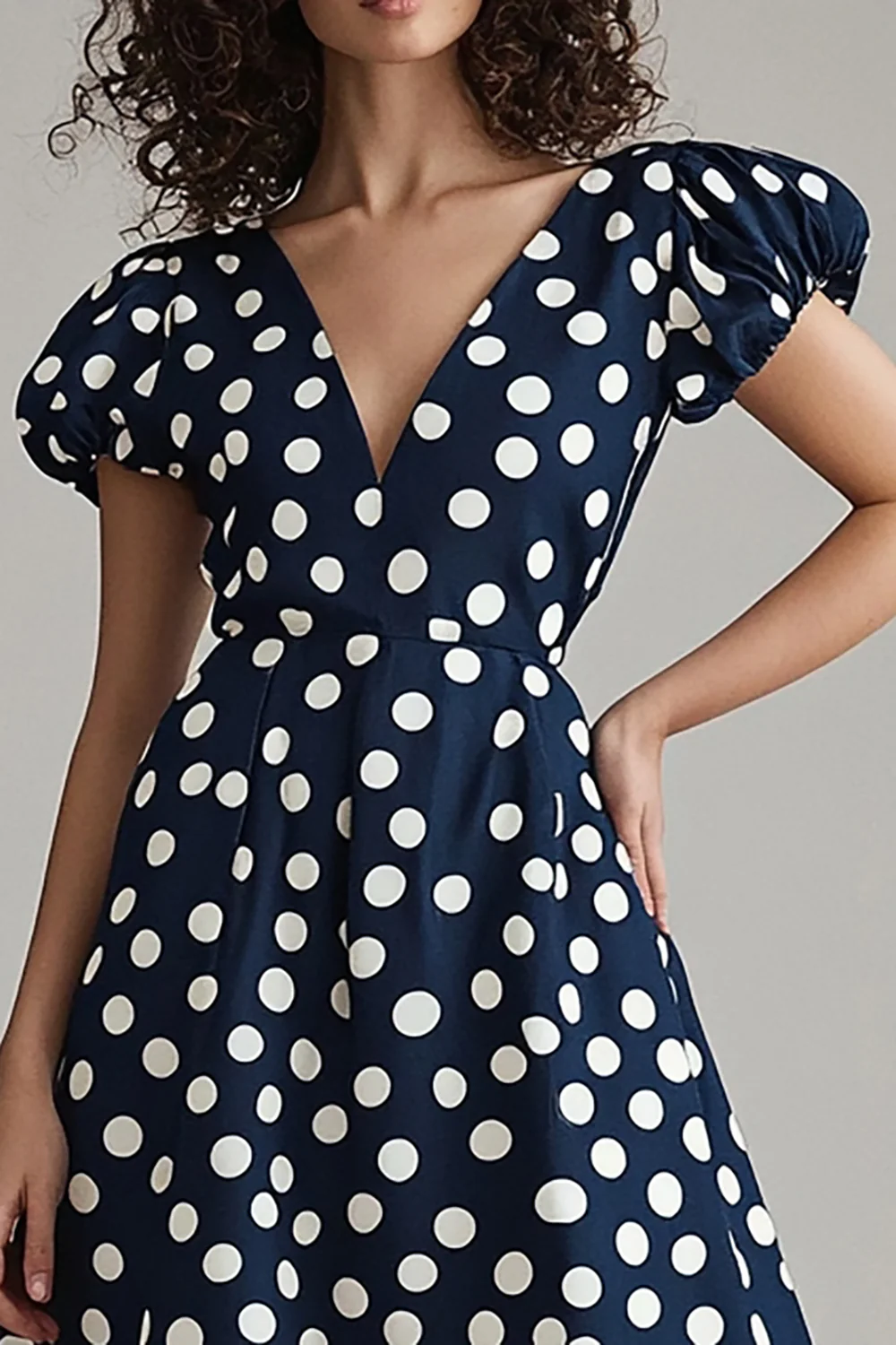 Satin Navy and White V-Neck A Line Maxi Polka Dot Dress with Sleeves - JUORTHO
