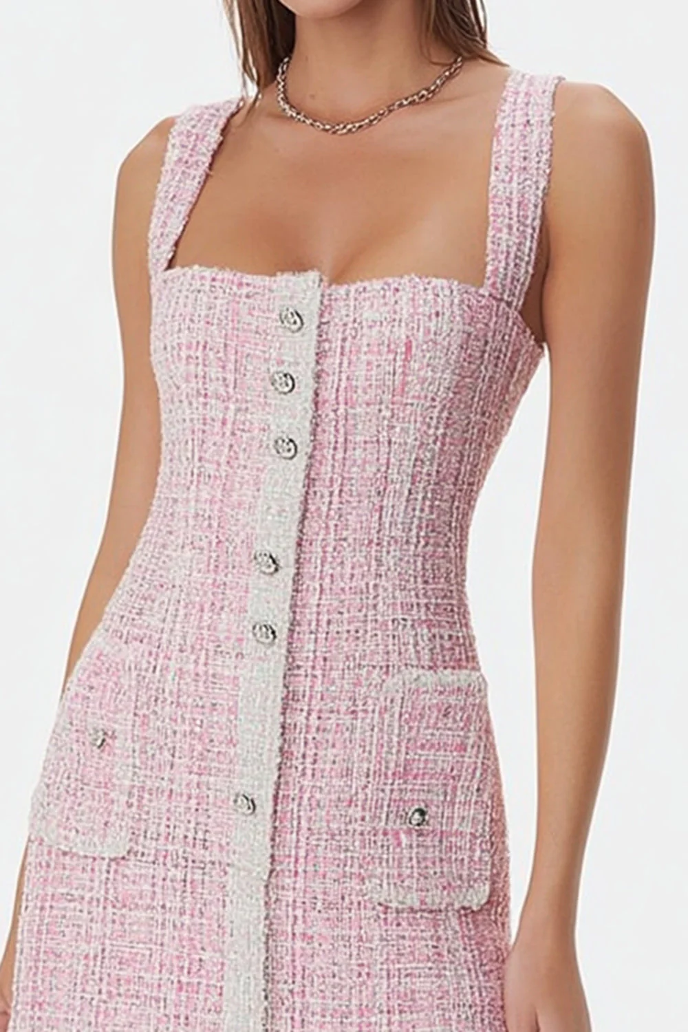 Pink Tight Square Neck Tweed Short Homecoming Dress with Buttons - JUORTHO