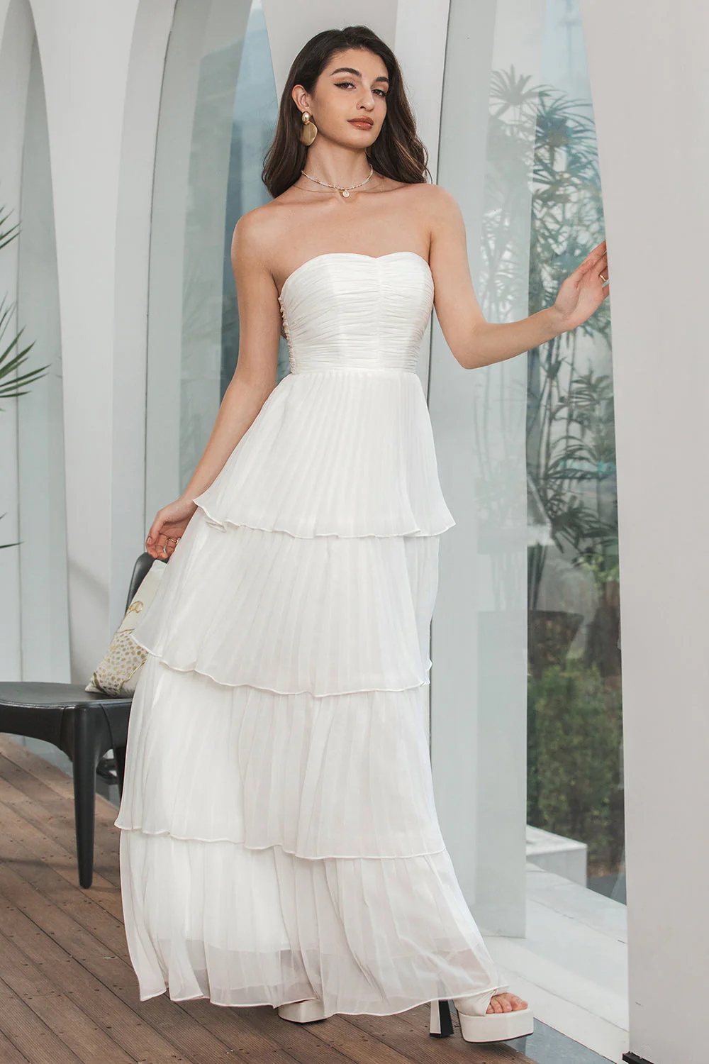 Simple White Pleated Tiered Engagement Party Dress - JUORTHO