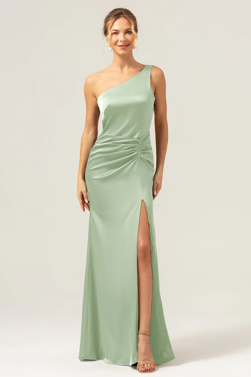 Olive One Shoulder Mermaid Satin Long Bridesmaid Dress with Slit - JUORTHO