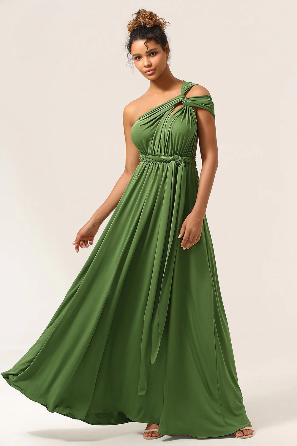 Charming A Line Olive Green Spandex Convertible Wear Long Bridesmaid Dress - JUORTHO