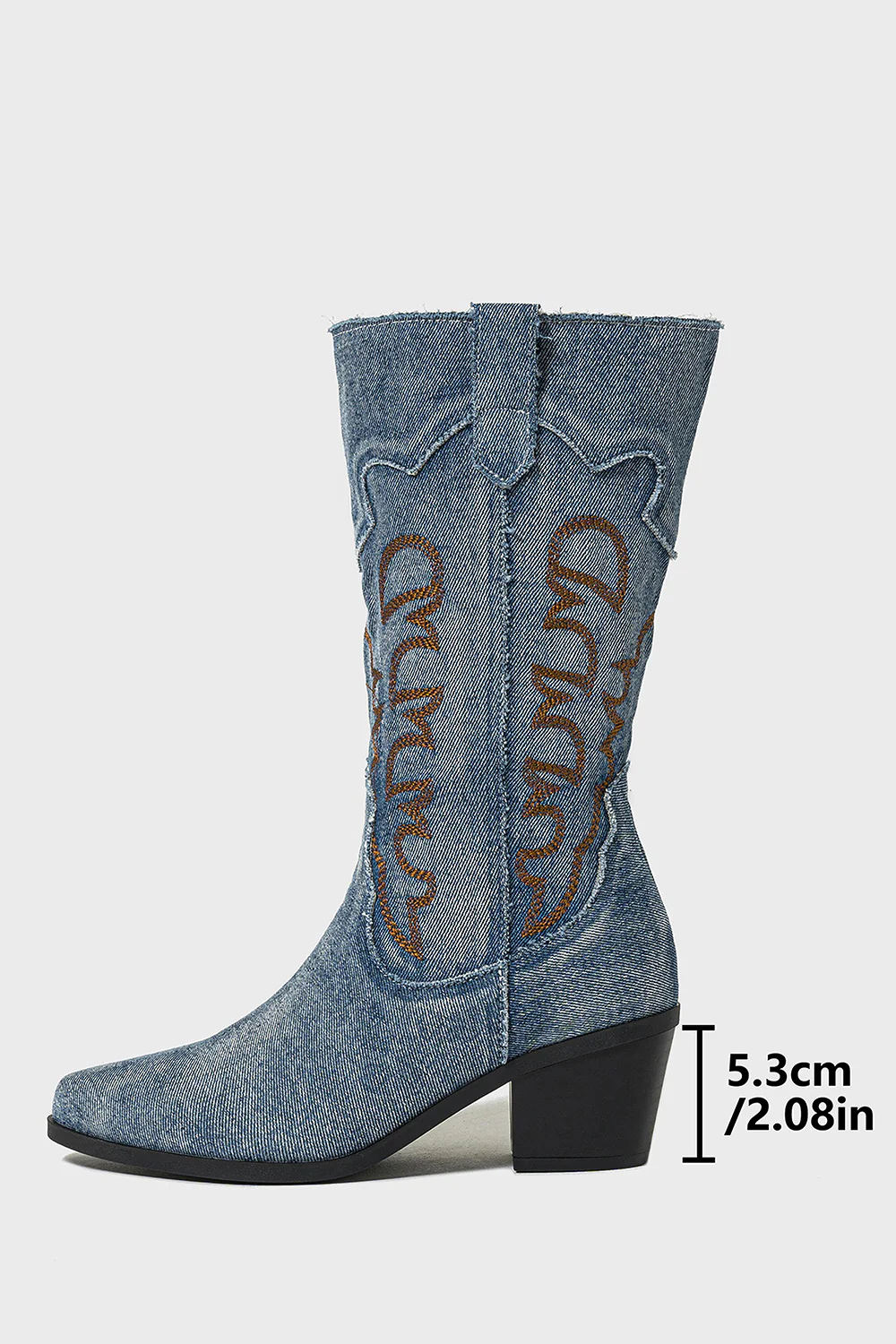 Dark Blue Embroidered Mid Calf Chunky Heel Cowgirl Boots - JUORTHO