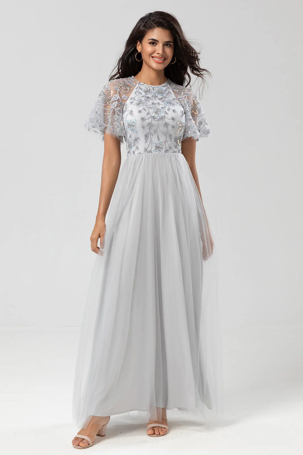 Classic Elegance A-Line Jewel Neck Grey Long Mother Dress with Short Sleeves - JUORTHO