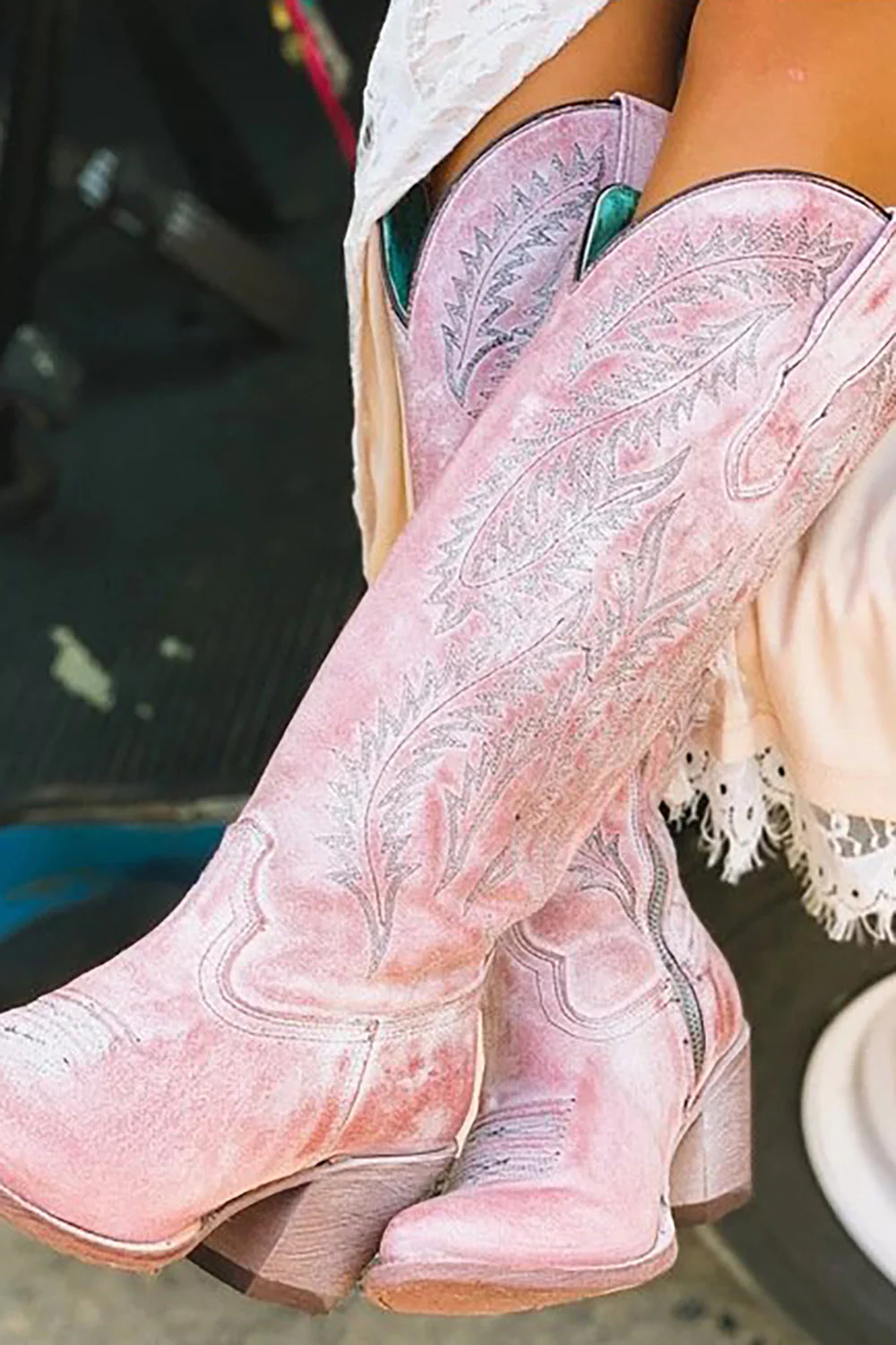 Dusty Rose Embroidered Mid Calf Cowgirl Boho Boots - JUORTHO