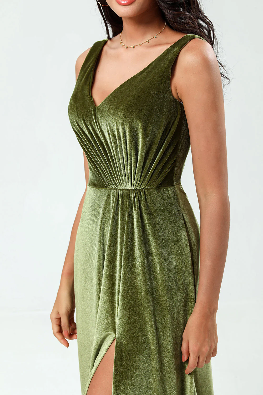 V-Neck Sleeveless A Line Olive Velvet Bridesmaid Dress with Slit - JUORTHO
