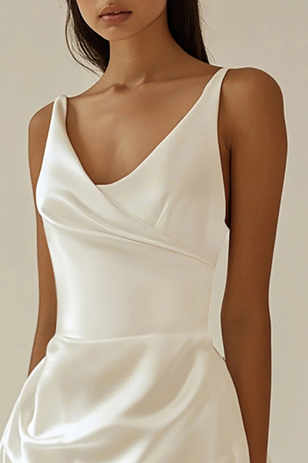 A Line Satin White V Neck Graduation Dress - JUORTHO
