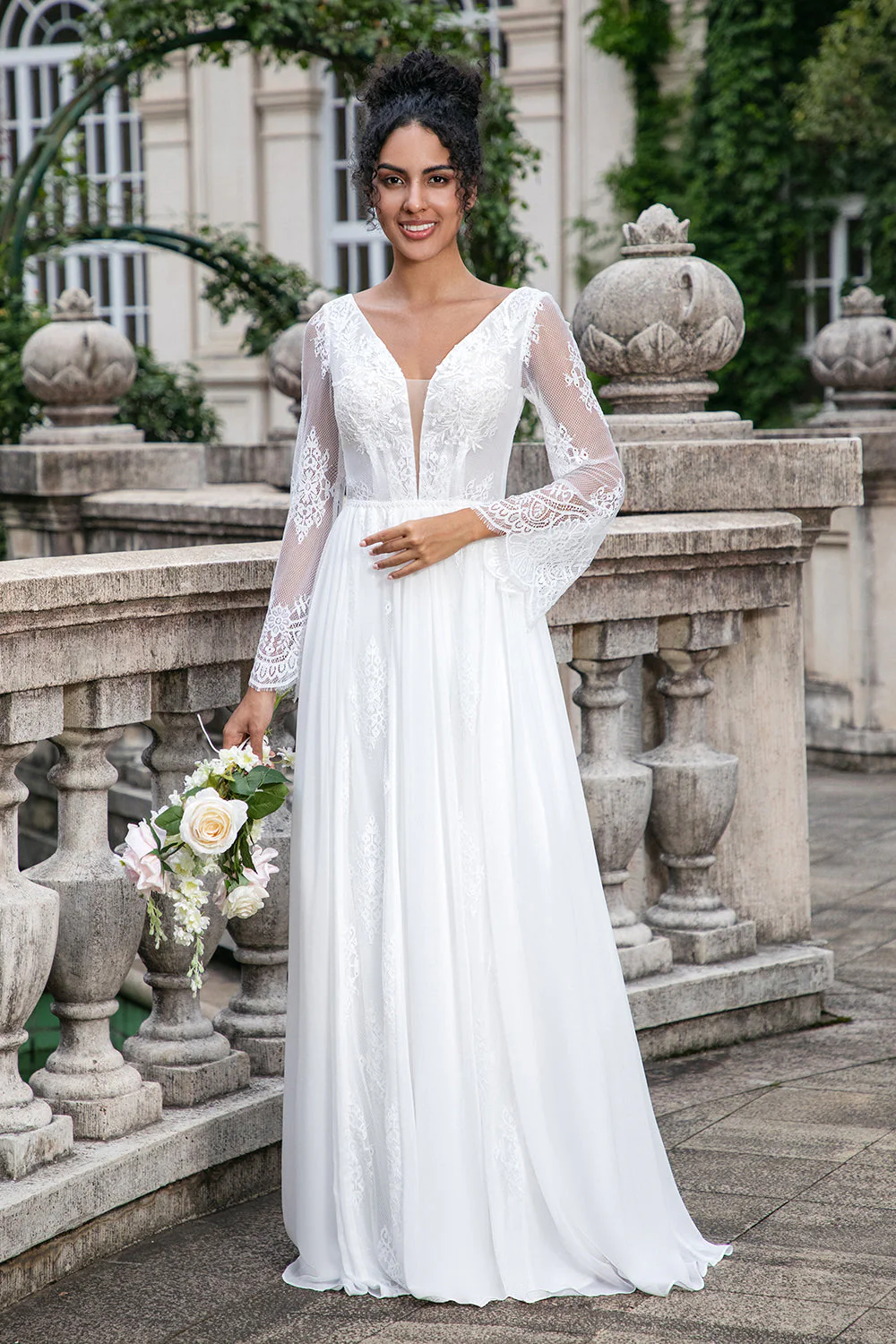 White A Line V Neck Long Sleeves Beach Boho Wedding Dress with Appliqued Lace - JUORTHO