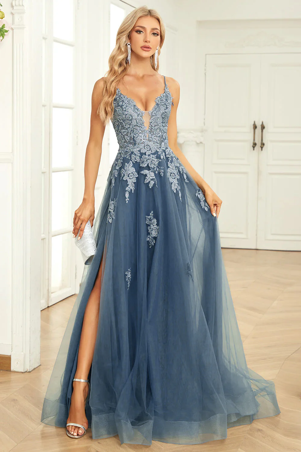 A Line Spaghetti Straps Grey Blue Long Prom Dress with Appliques - JUORTHO