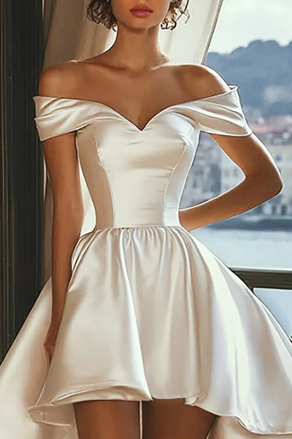A Line White Off the Shoulder Asymmetrical Satin Graduation Dress - JUORTHO