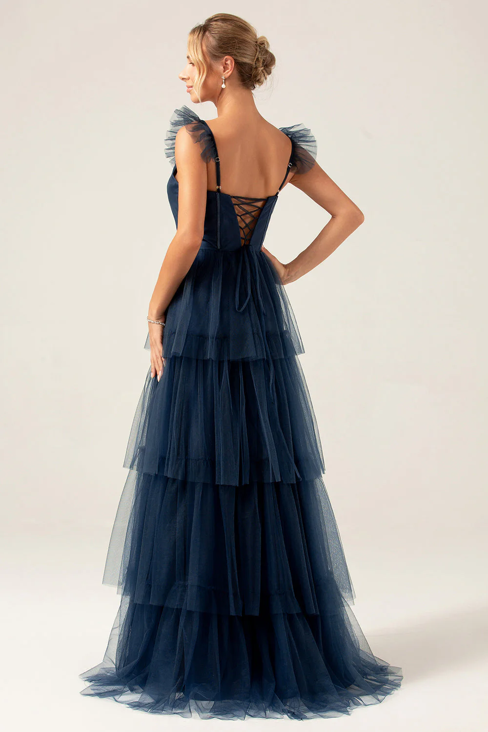 Detachable Straps A Line Purple Tiered Long Bridesmaid Dress - JUORTHO