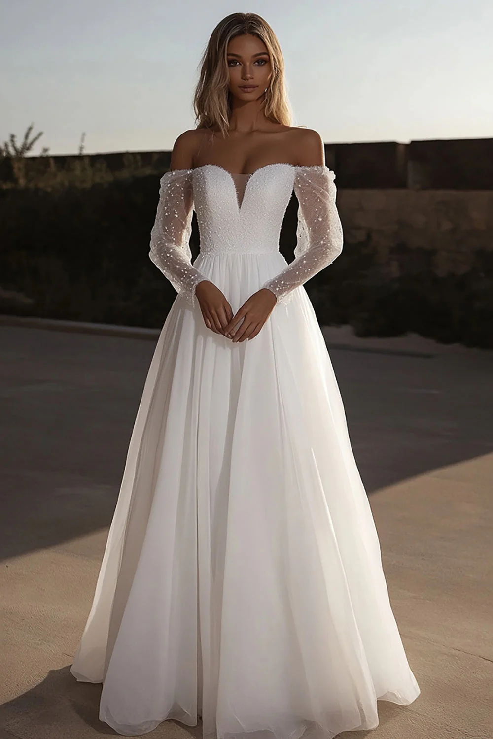 Organza Sweetheart Ivory A Line Wedding Dress with Long Sleeves - JUORTHO