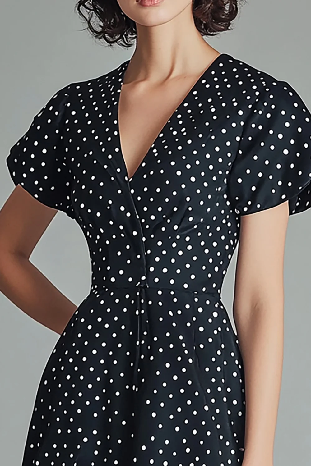 A Line Black and White Satin Short Polka Dot Dress with Sleeves - JUORTHO