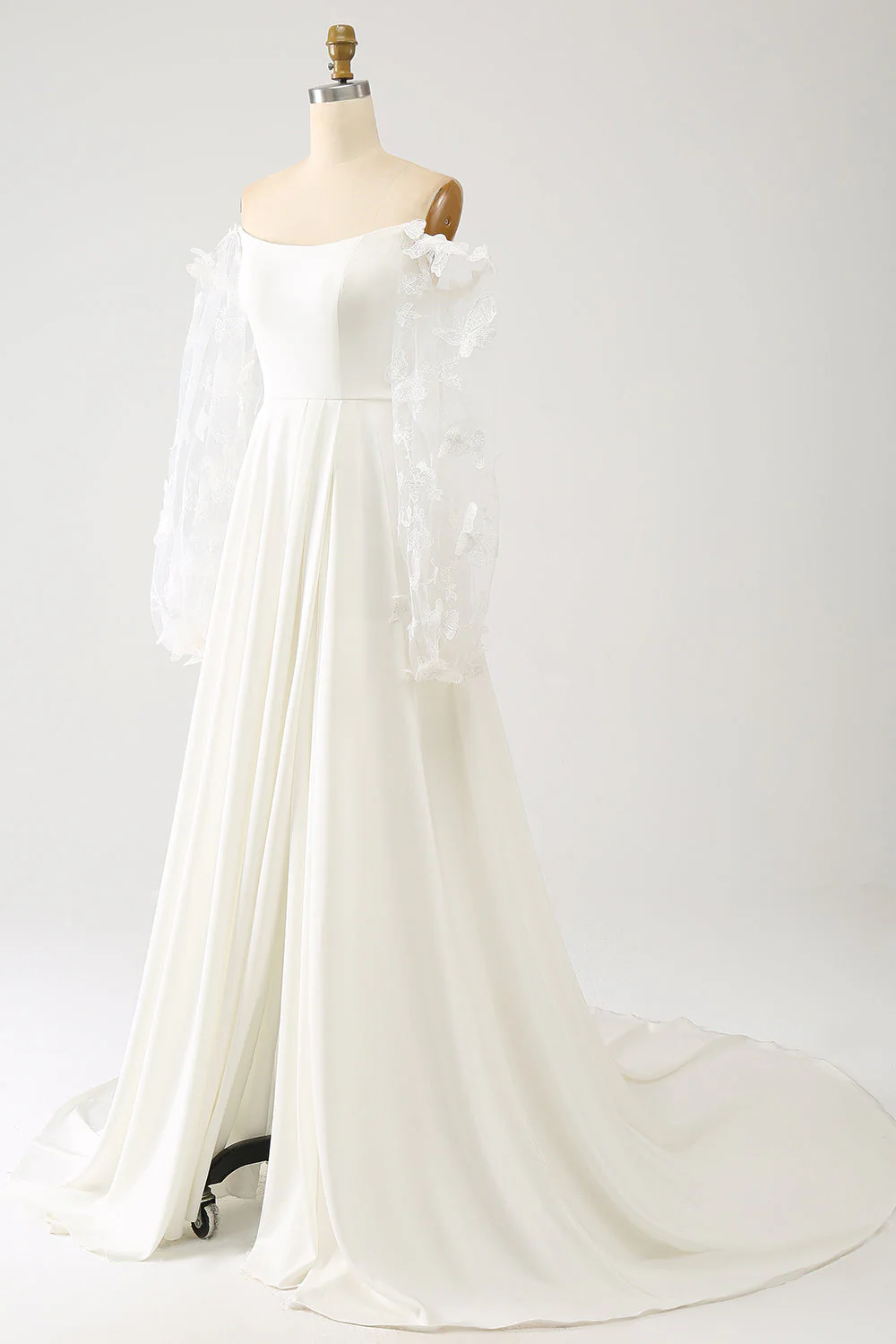 Ivory A Line Long Chiffon Wedding Dress With 3D Butterflies Long Sleeves - JUORTHO