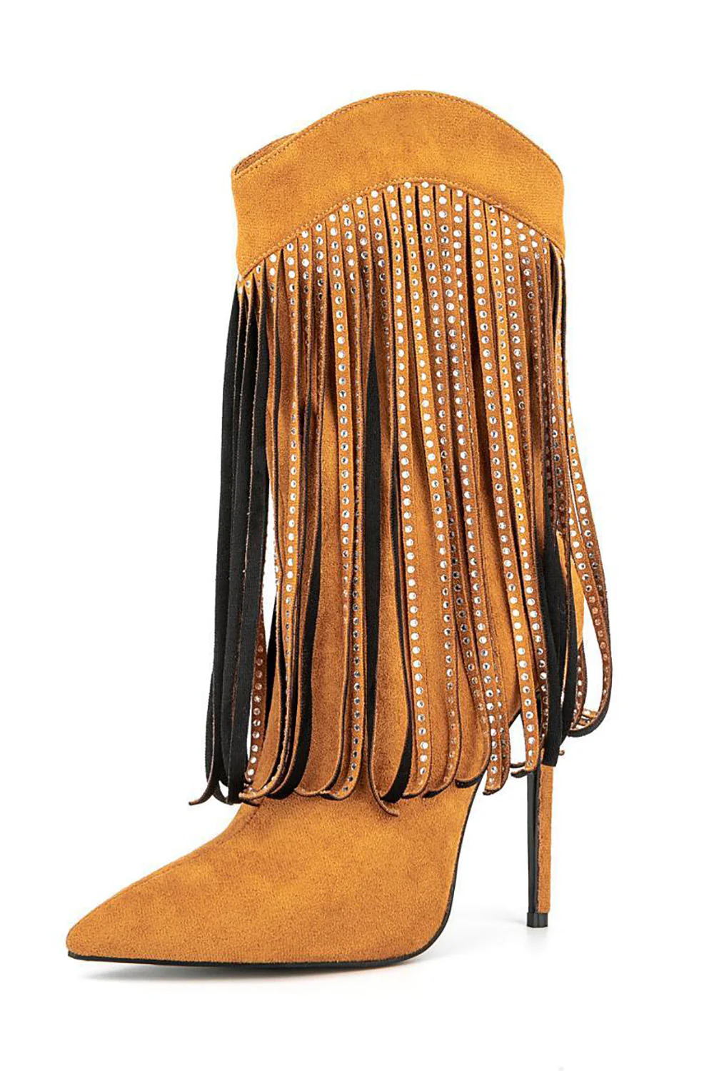 Black Suede Rhinestone Fringed Stiletto Heels Ankle Boots - JUORTHO