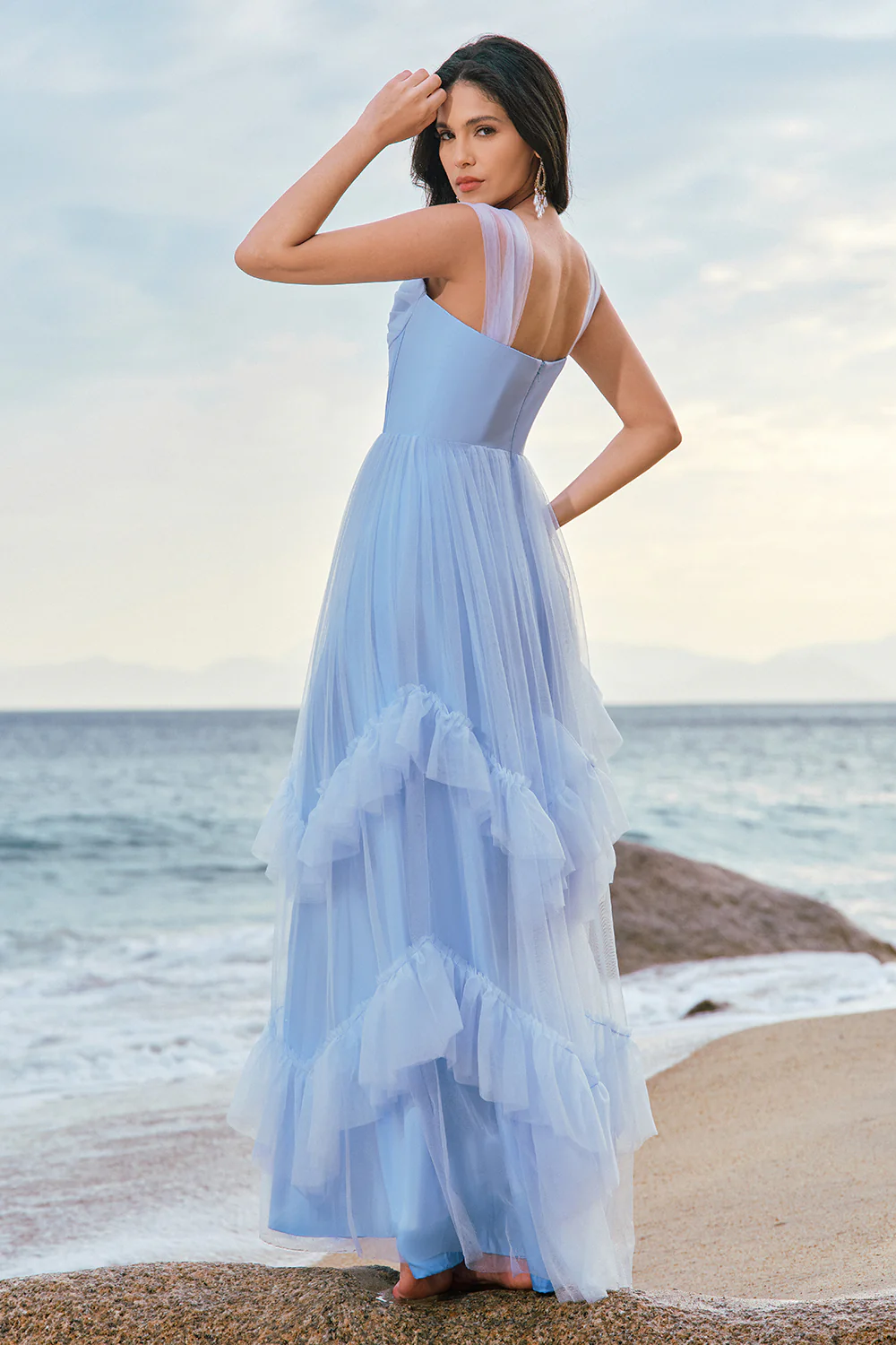 Grey Blue Corset Tulle Ruffled Long Bridesmaid Dress - JUORTHO