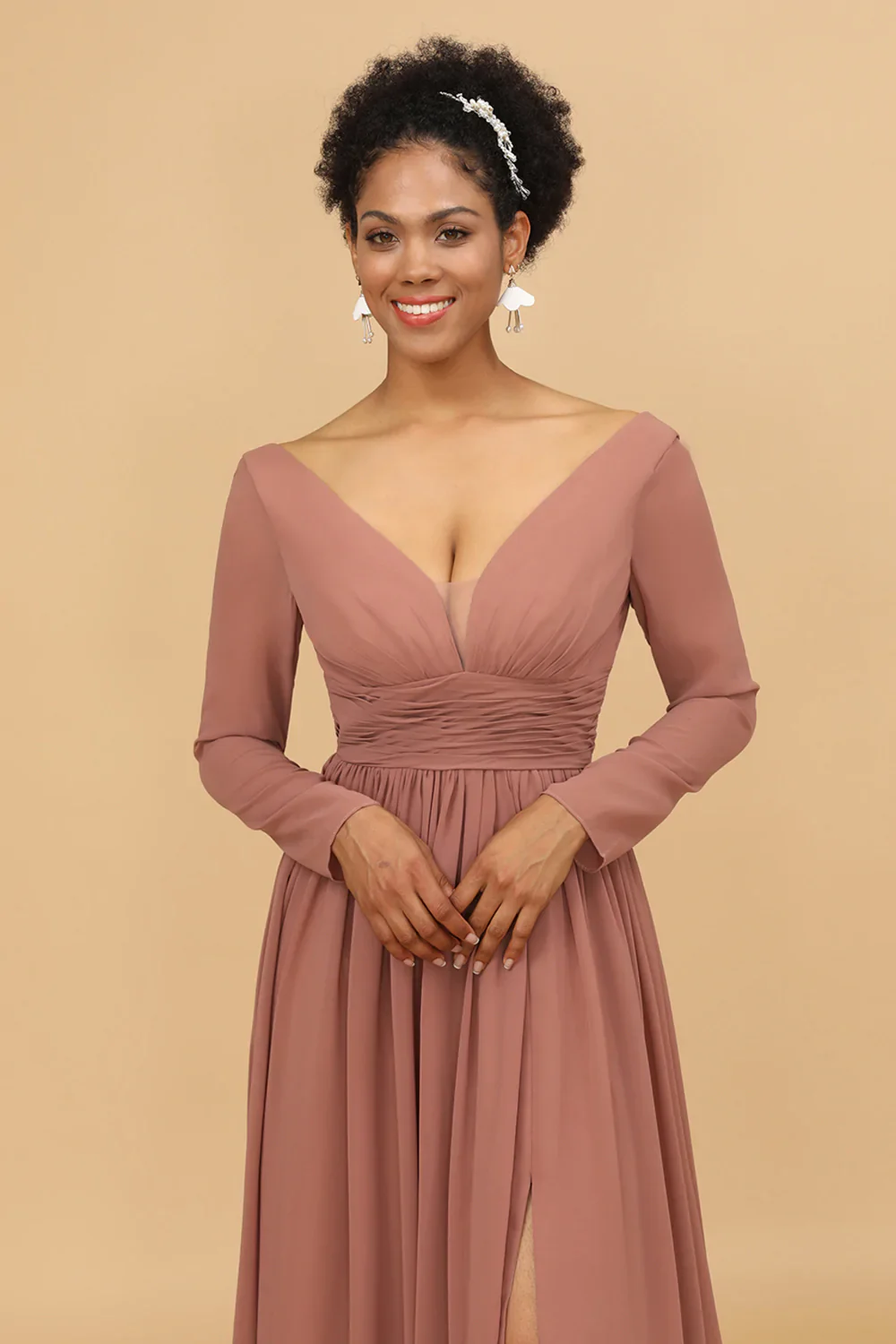 Blush V-Neck Long Sleeves Bridesmaid Dress - JUORTHO