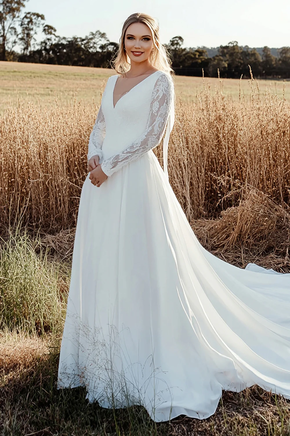 Timeless A Line V Neck Lace Long Sleeve Ivory Wedding Dress - JUORTHO